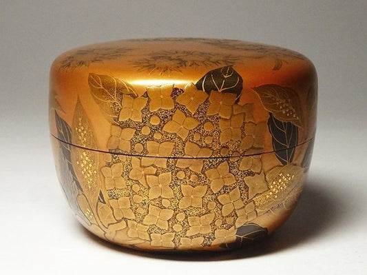 Natsume Gold-plated, Lacquered wood Shuho Tea container for Japanese tea ceremony called ' Natsume' with painting of flowers, Gold Maki-e (Sold)