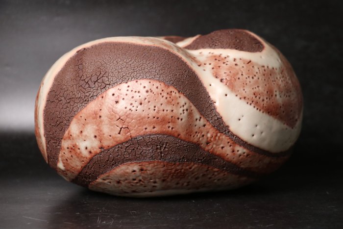 Tamaoki Yasuo — Red Shino Divided-Glaze Vessel by Gifu Prefecture Living Treasure Tamaoki Yasuo (Sold)