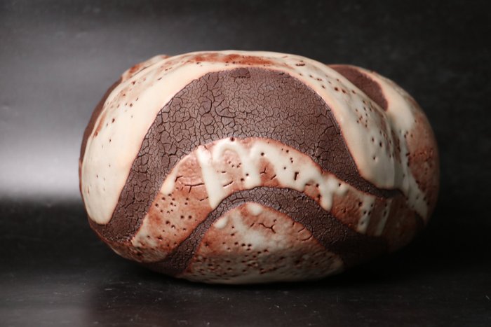 Tamaoki Yasuo — Red Shino Divided-Glaze Vessel by Gifu Prefecture Living Treasure Tamaoki Yasuo (Sold)