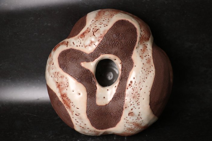 Tamaoki Yasuo — Red Shino Divided-Glaze Vessel by Gifu Prefecture Living Treasure Tamaoki Yasuo (Sold)